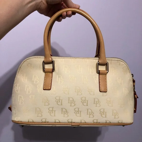 Dooney & Bourke Signature Monogram Cream Tan Canvas & Leather Mix Satchel Bag - Picture 7 of 16